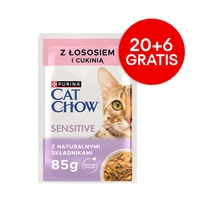 CAT CHOW Sensitive Karma dla kotów z łososiem i cukinią w sosie 85g -  20 SASZETEK + 6 GRATIS !!!