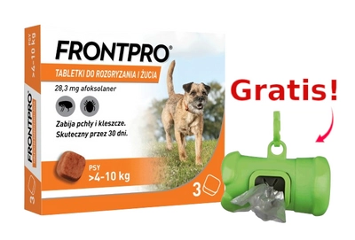 Frontpro tabletki na pchły i kleszcze M 28,3mg 4-10kg x 3tabl + Frontline Dozownik na woreczki GRATIS!