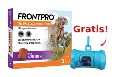  Frontpro tabletki na pchły i kleszcze XL 136mg 25-50kg x 3tabl + Frontline Dozownik na woreczki GRATIS!