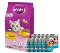 WHISKAS Adult 14 kg - sucha karma dla dorosłego kota, z pysznym kurczakiem + Frendi 10x400g