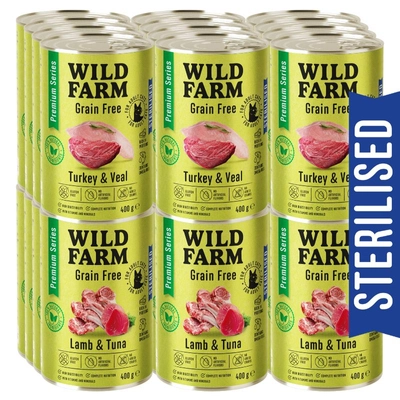WILD FARM Premium Grain Free Turkey and Veal / Lamb and Tuna 24x400g  - bezzbożowa karma dla kota sterylizowanego