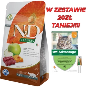 Farmina N&D Pumpkin feline VENISON, PUMPKIN AND APPLE RECIPE 5kg + Advantage - dla kotów (0,4mlx4) *roztwór* blister