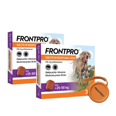  Frontpro tabletki na pchły i kleszcze XL 136mg 25-50kg x 3tabl x 2 opakowania + Silikonowe etui na smakołyki dla psa GRATIS!