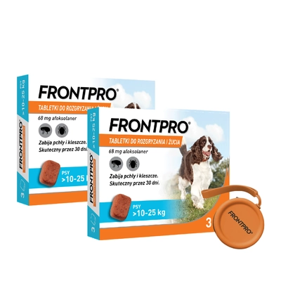  Frontpro tabletki na pchły i kleszcze L 68mg 10-25kg x 3tabl x 2 opakowania + Silikonowe etui na smakołyki dla psa GRATIS!