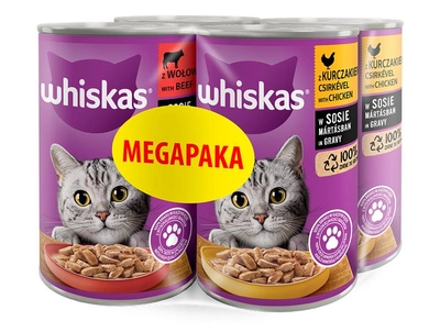 WHISKAS Adult PUSZKA 4X400G - mokra karma dla kotów w sosie (2x Z KURCZAKIEM, 2x Z WOŁOWINĄ)