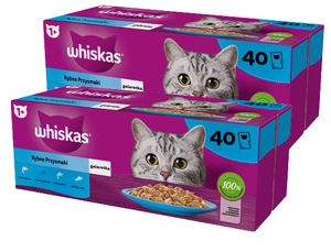 WHISKAS Adult saszetki 80 x 85 g Rybne Przysmaki - mokra karma dla dorosłego kota w galaretce (kawałki z: łososiem tuńczykiem dorszem białą rybą)