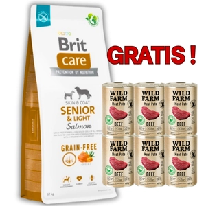 BRIT CARE Dog Grain-free Senior & Light Salmon 12kg + 6x400g WILD FARM Pate Beef