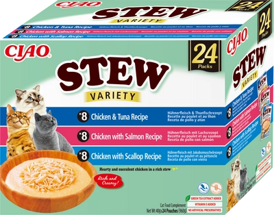 INABA Cat Ciao Stew - karma uzupełniająca dla kota o smaku kurczaka, tuńczyka, łososia i przegrzebek 24x40g