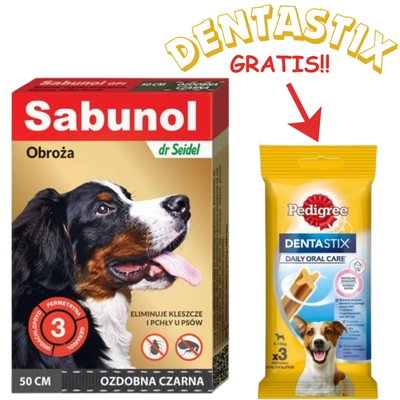 Sabunol - ozdobna czarna obroża przeciw pchłom i kleszczom dla psa 50 cm + PEDIGREE DentaStix GRATIS!!