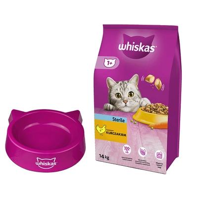 WHISKAS Sterile 14 kg - sucha karma dla dorosłego kota po zabiegu kastracji, z pysznym kurczakiem + MISKA DLA KOTA GRATIS !!! 