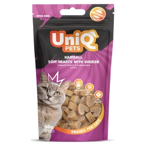 UNIQ PETS przysmaki dla kota - hairball miękkie serca z kurczakem 50g