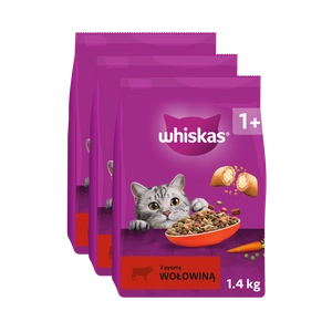 WHISKAS Adult 3x1,4 kg - sucha karma pełnoporcjowa dla dorosłych kotów, z pyszną wołowiną
