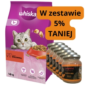 WHISKAS Adult 14kg z pyszną wołowiną + Leopold Pasztetowy mus 6x330g