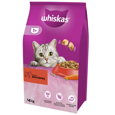 WHISKAS Adult 11kg - sucha karma dla dorosłego kota, z pyszną wołowiną  \ Opakowanie uszkodzone (8024) !!! 