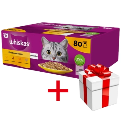 WHISKAS Adult saszetka 80 x 85 g Drobiowa Uczta - mokra karma dla dorosłego kota, w galaretce (kawałki z: kurczakiem, kaczką, drobiem, indykiem) + niespodzianka dla kota GRATIS!!!