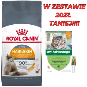 ROYAL CANIN Hair&Skin Care 10kg karma sucha dla kotów dorosłych, lśniąca sierść i zdrowa skóra + Advantage - dla kotów (0,4mlx4) *roztwór* blister