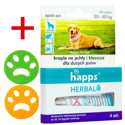 HAPPS Herbal - krople na pchły i kleszcze dla dużych psów 20-40kg + 2x Czyścik do usuwania sierści - łapka GRATIS!!