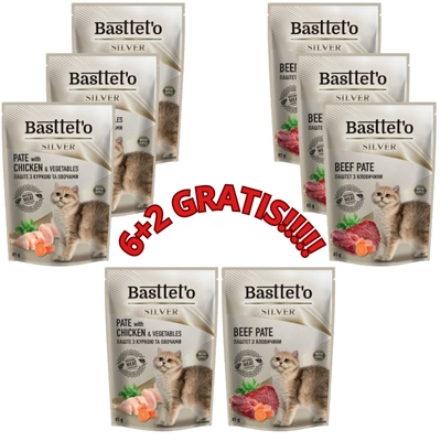 Basttet'o Silver Pasztet Mix Smaków dla kotów 2x(4x85g) (6+2 GRATIS) [data ważności 03/07/2025]