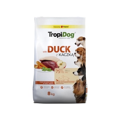 TROPIDOG Premium Adult Small Breeds z kaczką i ryżem 8kg