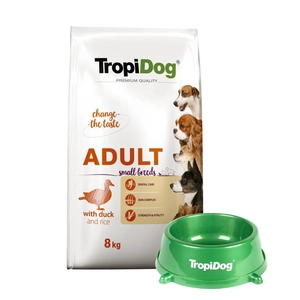 TROPIDOG Premium Adult Small Breeds z kaczką i ryżem 8kg + Miska mała GRATIS!!