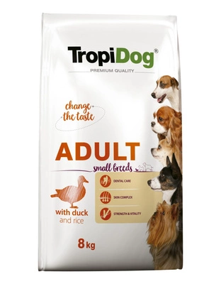 TROPIDOG Premium Adult Small Breeds z kaczką i ryżem 8kg / Opakowanie uszkodzone (5065) !!! 