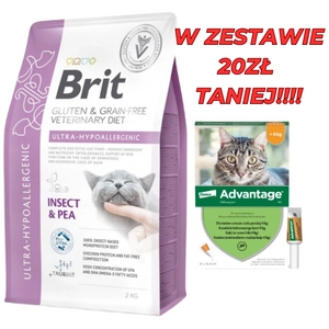 BRIT GF Veterinary Diets Cat Ultra-Hypoallergenic 2kg + Advantage - dla kotów (0,4mlx4) *roztwór* blister