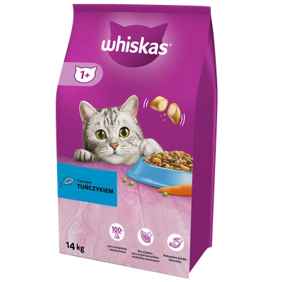WHISKAS Adult 14kg - sucha karma dla dorosłego kota, z pysznym tuńczykiem / Opakowanie uszkodzone (633)