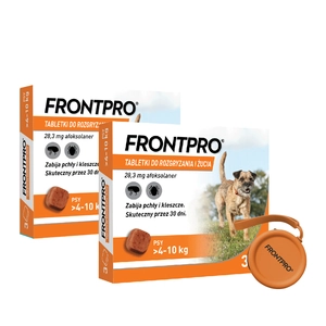 Frontpro tabletki na pchły i kleszcze M 28,3mg 4-10kg x 3tabl x 2 opakowania + Silikonowe etui na smakołyki dla psa GRATIS!