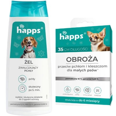 HAPPS - żel zwalczający pchły 150ml + HAPPS - obroża przeciw pchłom i kleszczom dla małych psów 35cm