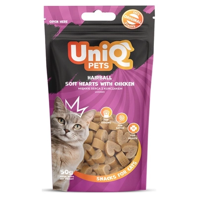 UNIQ PETS przysmaki dla kota - hairball miękkie serca z kurczakiem 50g 