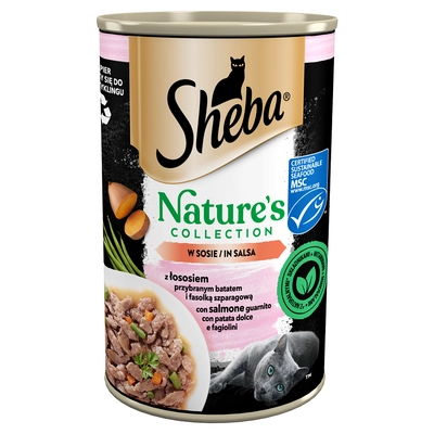 SHEBA puszka 400 g Nature's Collection – mokra pełnoporcjowa karma dla dorosłych kotów, z łososiem przybranym batatem i fasolką szparagową, w sosie