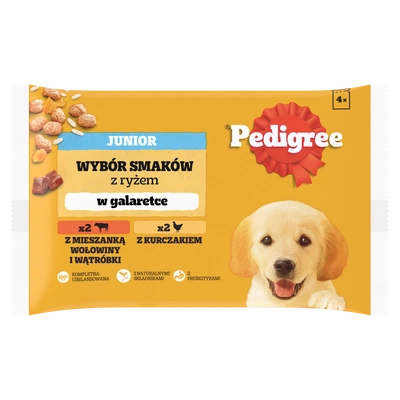 PEDIGREE Junior saszetka 4x100 g - Wybór Smaków z Ryżem w Galaretce, mokra karma pełnoporcjowa dla rosnących psów (kawałki bogate w kurczaka oraz kawałki bogate w mieszankę wołowiny i wątróbki)