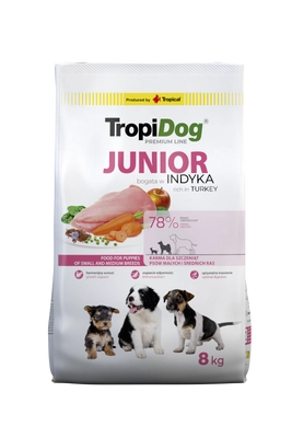 TROPIDOG Premium Junior Small and Medium Breeds bogaty w indyka i ryż 8kg 
