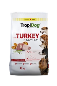 TROPIDOG Premium Adult Small Breeds z indykiem i ryżem 8kg opakowanie uszkodzone (4709)