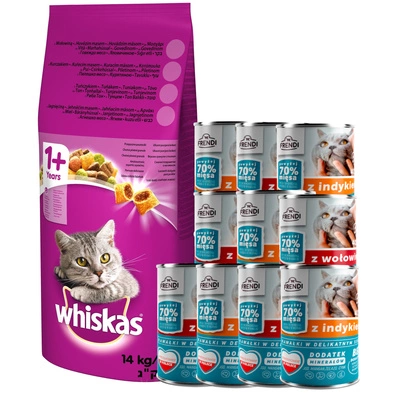 WHISKAS Adult 14 kg - sucha karma dla dorosłego kota, z pyszną wołowiną  + Frendi 10x400g