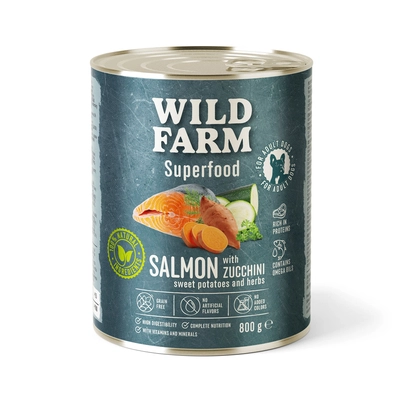 WILD FARM Superfood Salmon (Łosoś z cukinią, słodkimi ziemniakami i ziołami) 800g bezzbożowa karma dla psa