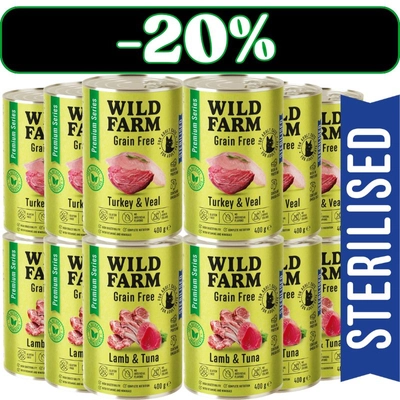 WILD FARM Premium Grain Free Turkey and Veal /Lamb and Tuna 12x400g  - bezzbożowa karma dla kota sterylizowanego