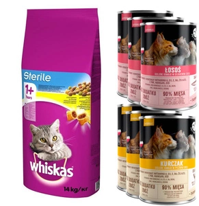 WHISKAS Sterile 14 kg - sucha karma dla dorosłego kota po zabiegu kastracji, z pysznym kurczakiem + Pet Republic steril 6x400g