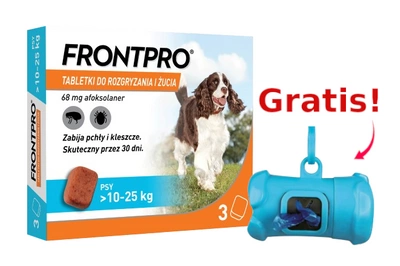  Frontpro tabletki na pchły i kleszcze L 68mg 10-25kg x 3tabl + Frontline Dozownik na woreczki GRATIS!