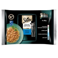 SHEBA Selection Select Slices Rybne Smaki saszetki 4x85 g – mokra karma pełnoporcjowa dla dorosłych kotów, w sosie (kawałki z: łososiem i dorszem czarnym, białą rybą, rybą oceaniczną, dorszem)