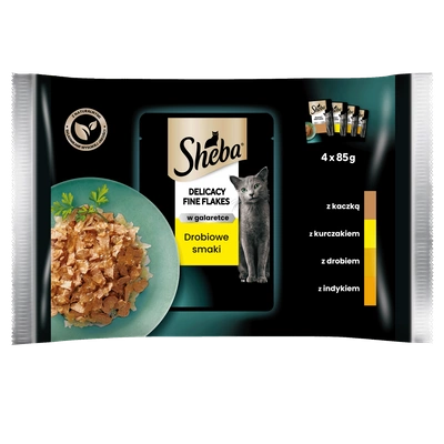 SHEBA Delicacy Fine Flakes Drobiowe Smaki saszetki 4x85 g – mokra karma pełnoporcjowa dla dorosłych kotów, w galaretce (kawałki z: kaczką, kurczakiem, drobiem, indykiem)