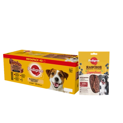 PEDIGREE Adult saszetka 40x100 g - Mix Smaków w Galaretce - mokra karma pełnoporcjowa w galaretce dla dorosłych psów + PEDIGREE® Ranchos™ Superfoods z wołowiną, jagodami i pełnym ziarnem 70g GRATIS