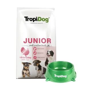 TROPIDOG Premium Junior Small and Medium Breeds bogaty w indyka i ryż 8kg + Miska mała GRATIS!!