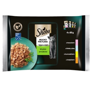 SHEBA Delicacy Fine Flakes Wybór Smaków saszetki 4x85 g – mokra karma pełnoporcjowa dla dorosłych kotów, w galaretce (kawałki z: łososiem, białą rybą, kurczakiem, indykiem)