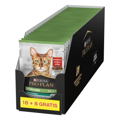 Purina Pro Plan Sterilised z wołowiną dla kota 26x85g (18+8 GRATIS)