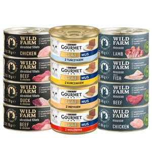 Purina Gourmet Gold mus + WILD FARM Mix smaków 8x85g + 4x70g