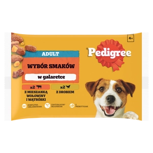 PEDIGREE Adult saszetka 4x100 g - Wybór Smaków w Galaretce, mokra karma pełnoporcjowa w galaretce dla dorosłych psów (kawałki bogate w mieszankę wołowiny i wątróbki oraz kawałki bogate w drób)
