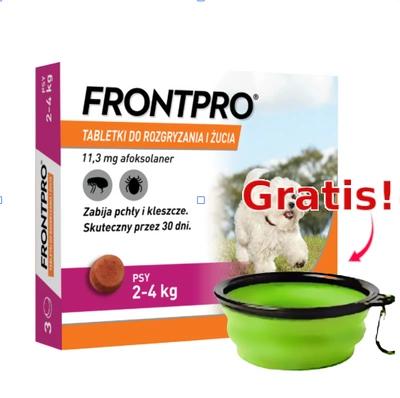 Frontpro tabletki na pchły i kleszcze S 11,3mg 2-4kg x 3tabl + Silikonowa miska GRATIS!