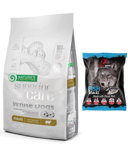 NATURES PROTECTION Superior Care White Dogs Adult 1,5kg + AS Przysmak w kostkach RYBA 50g