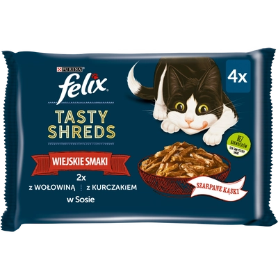 FELIX Tasty Shreds Karma dla dorosłych kotów wiejskie smaki w sosie 4x80g 